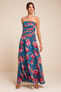 Tanya Blue Multi Satin Pleated Maxi Dress 1
