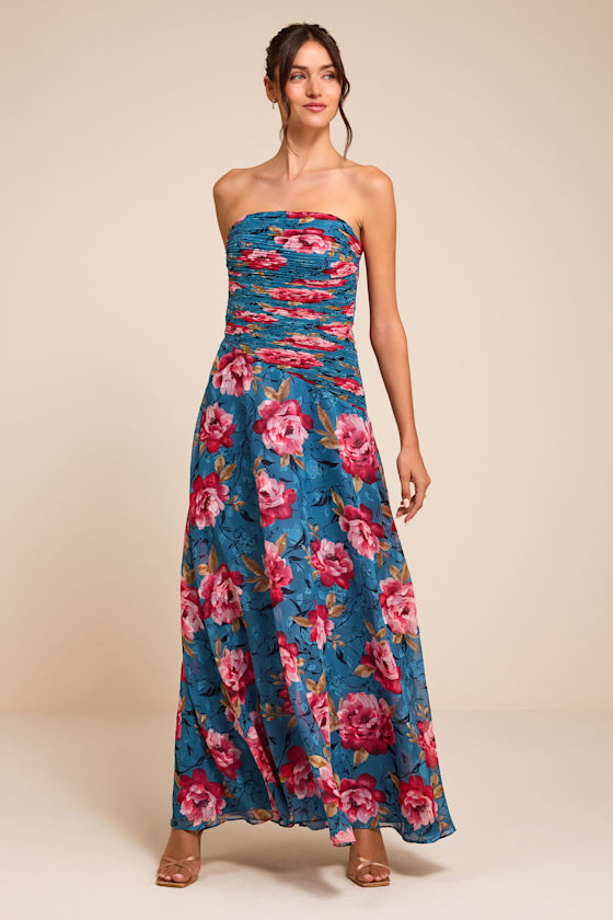 Tanya Blue Multi Satin Pleated Maxi Dress 1