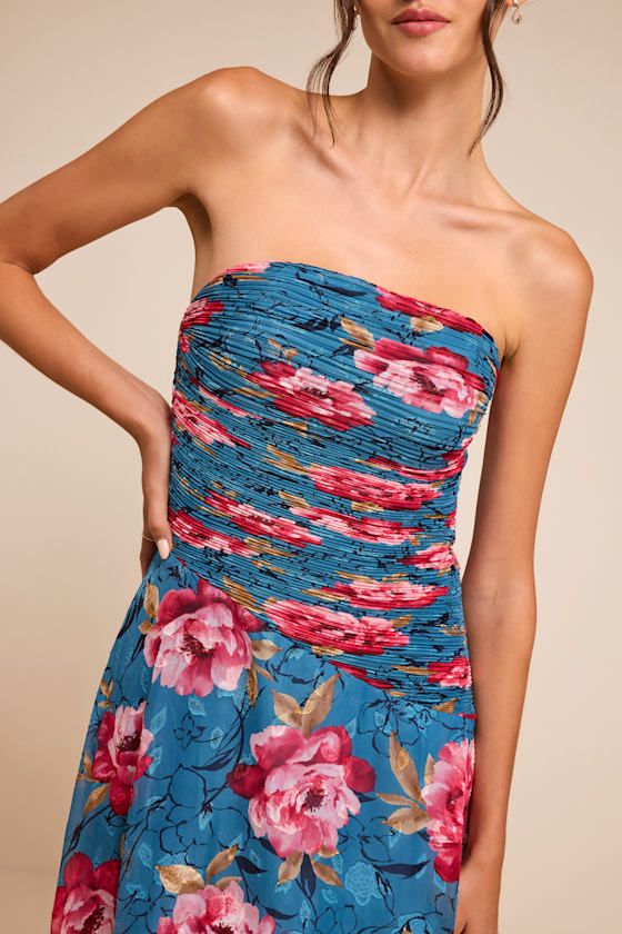 Tanya Blue Multi Satin Pleated Maxi Dress 2