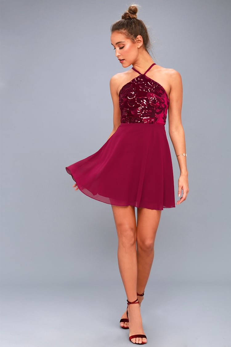 black maxi dress bodycon Burgundy Sequin Halter Top | Ladies Fashion