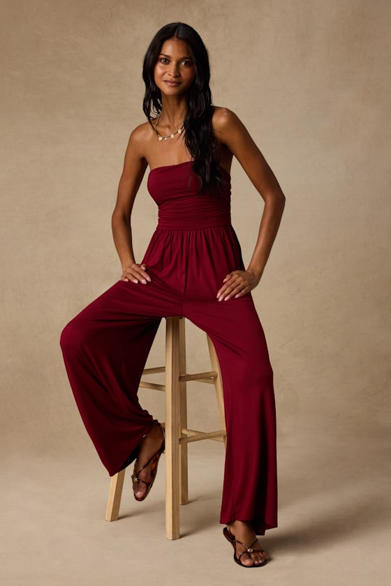 Flirty Posture Burgundy Jersey Knit Strapless Jumpsuit 1