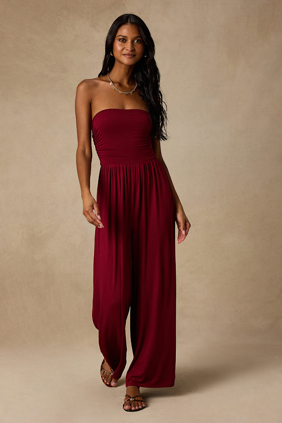 Flirty Posture Burgundy Jersey Knit Strapless Jumpsuit 2