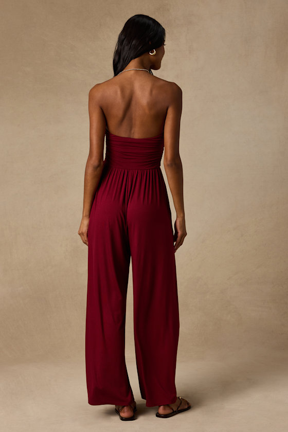 Flirty Posture Burgundy Jersey Knit Strapless Jumpsuit - thumbnail 3