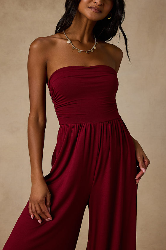 Flirty Posture Burgundy Jersey Knit Strapless Jumpsuit - thumbnail 5