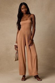 Flirty Posture Light Brown Jersey Knit Strapless Jumpsuit 1