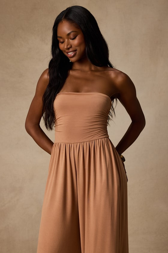 Flirty Posture Light Brown Jersey Knit Strapless Jumpsuit 2