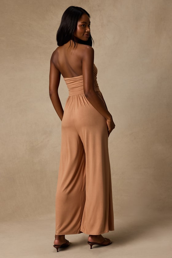 Flirty Posture Light Brown Jersey Knit Strapless Jumpsuit - thumbnail 3