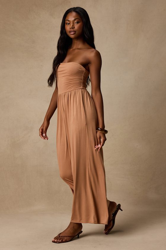 Flirty Posture Light Brown Jersey Knit Strapless Jumpsuit - thumbnail 4