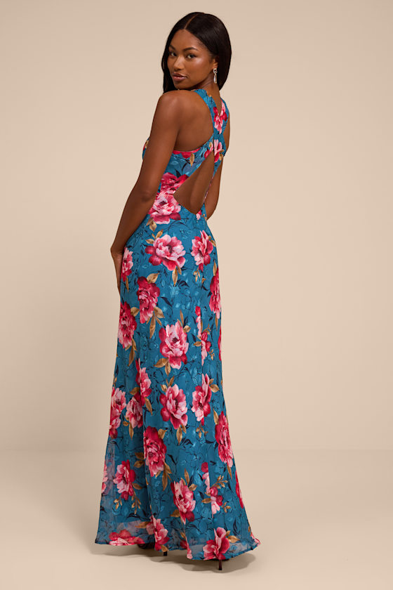 Fernanda Teal Blue Multi Floral Cowl Maxi Dress - thumbnail 3