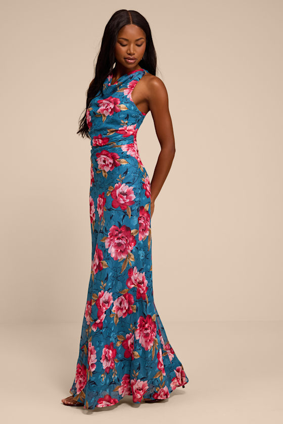 Fernanda Teal Blue Multi Floral Cowl Maxi Dress - thumbnail 4