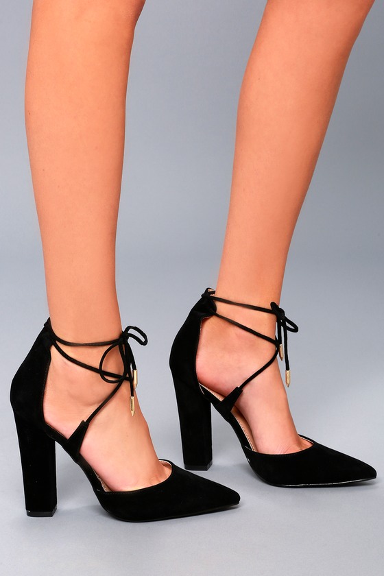 Chic Lace-Up Heels - Vegan Suede Heels - Black Heels - Lulus