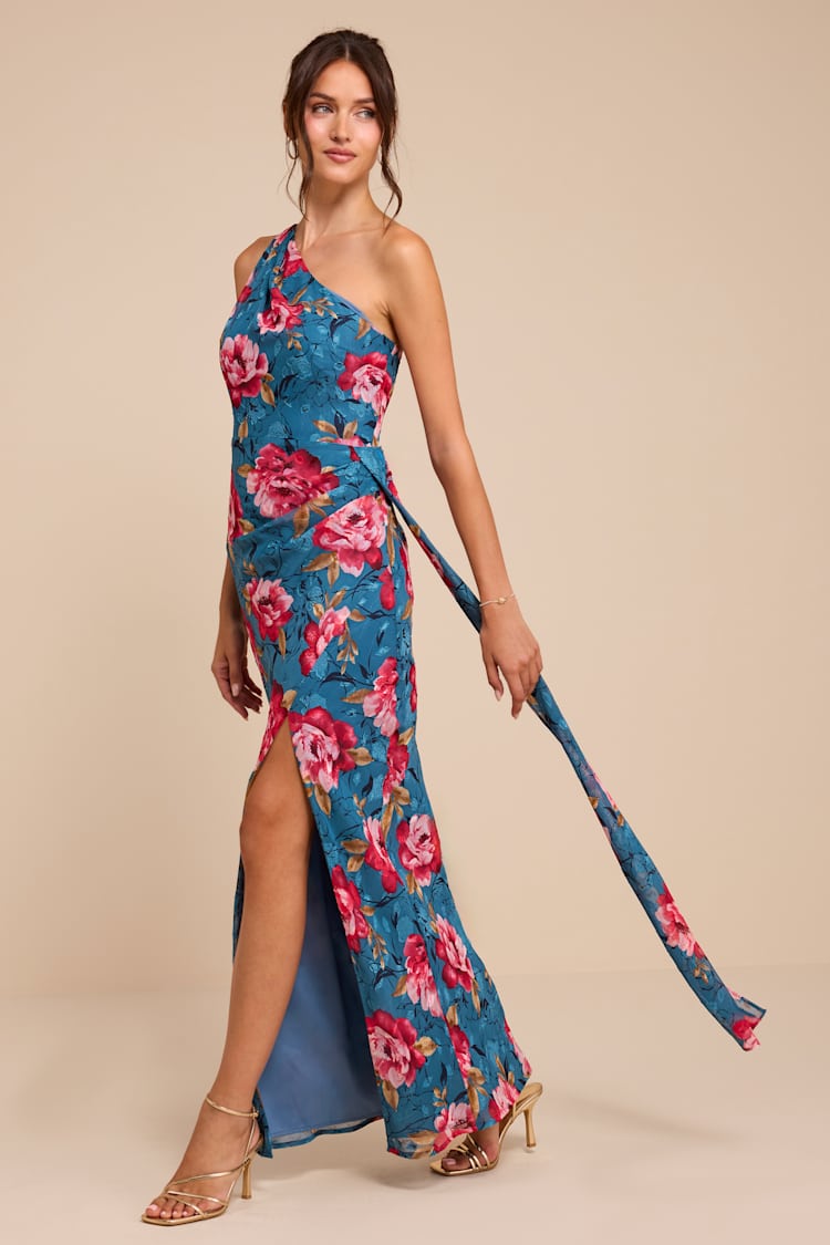 Lulus | Blue Floral Print One-Shoulder Sash Maxi Dress | Womens | X-Small (Available in S, M, L, XL)