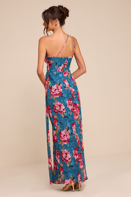 Miki Blue Floral Print One-Shoulder Sash Maxi Dress - thumbnail 3