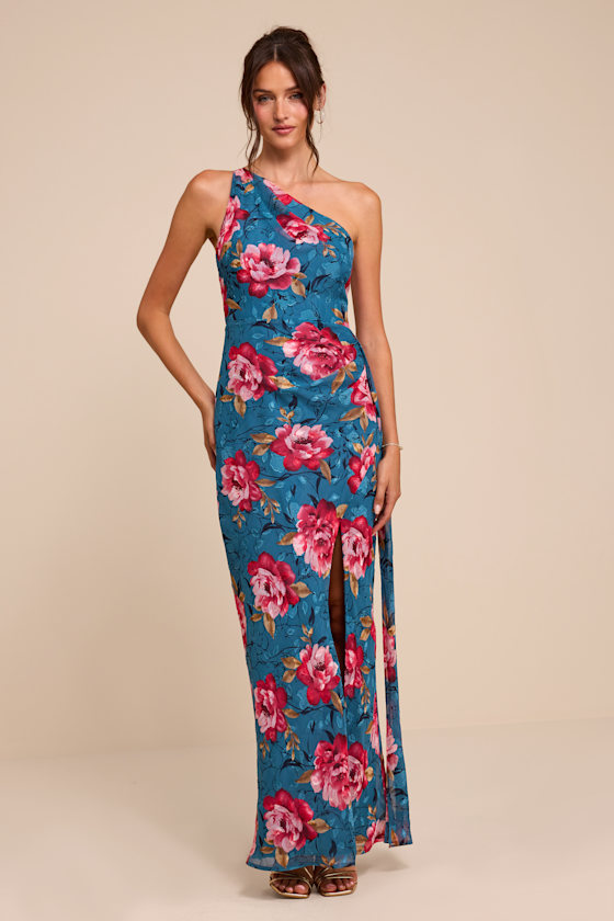 Miki Blue Floral Print One-Shoulder Sash Maxi Dress - thumbnail 4