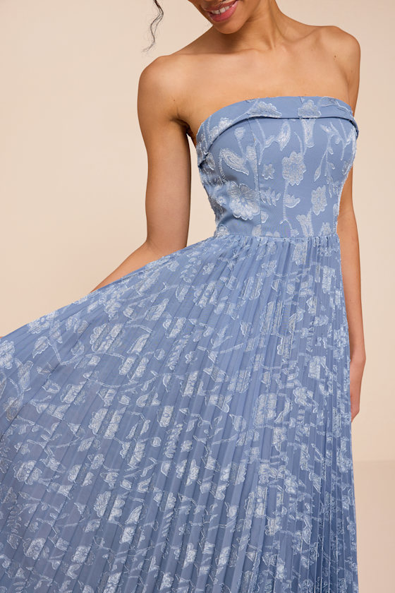 Elysium Slate Blue Floral Burnout Strapless Maxi Dress 2