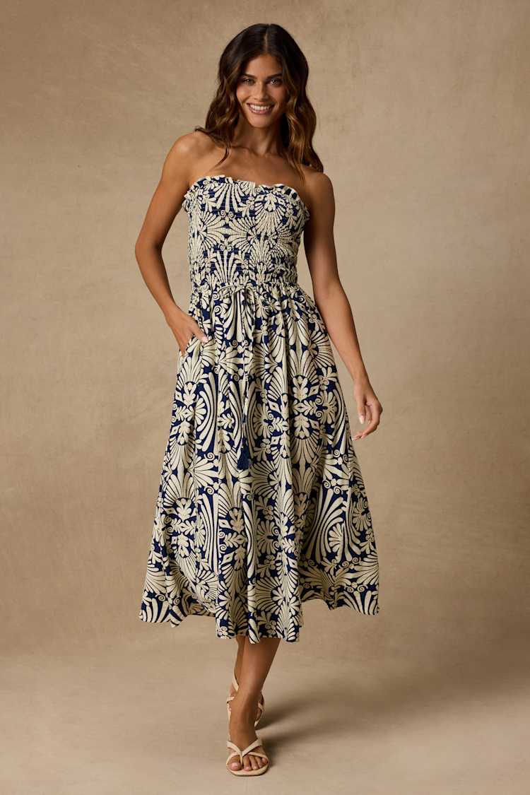 Navy and Ivory Boho Print Smocked Midi Dress | Womens | Large (Available in XS, S, M, XL) | Rayon/Nylon