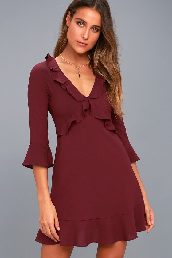 Cute Plum Purple Dress - Flounce Sleeve Dress - Lulus