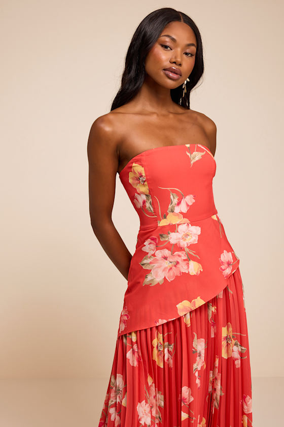 Red Orange Floral Dress - Drop Waist Dress - Pleated Midi Dress