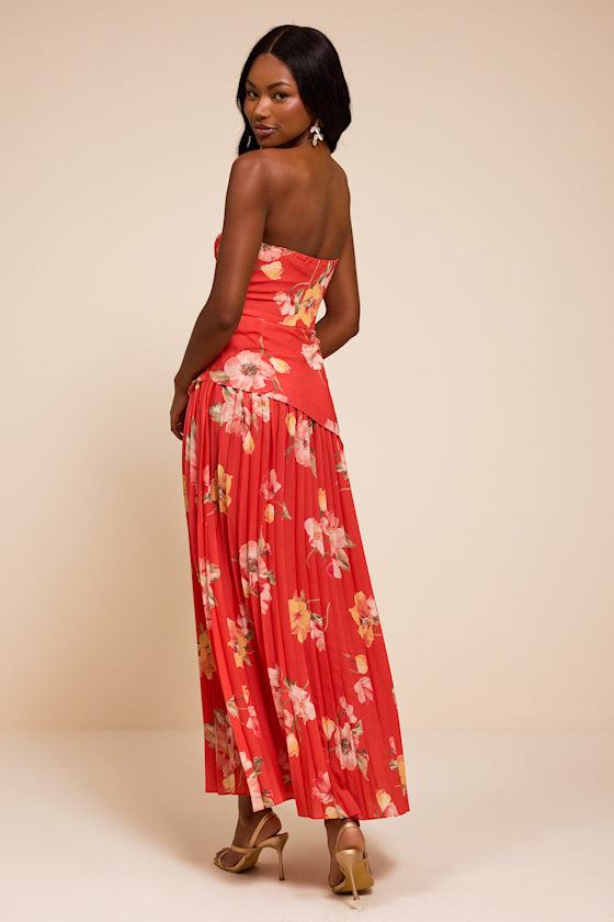 Red Orange Floral Dress - Drop Waist Dress - Pleated Midi Dress