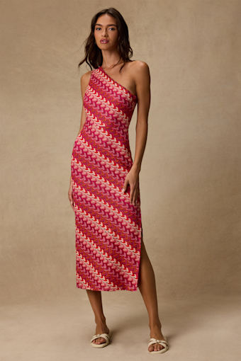 Reya Pink Multi Crochet Chevron One-Shoulder Midi Dress 1