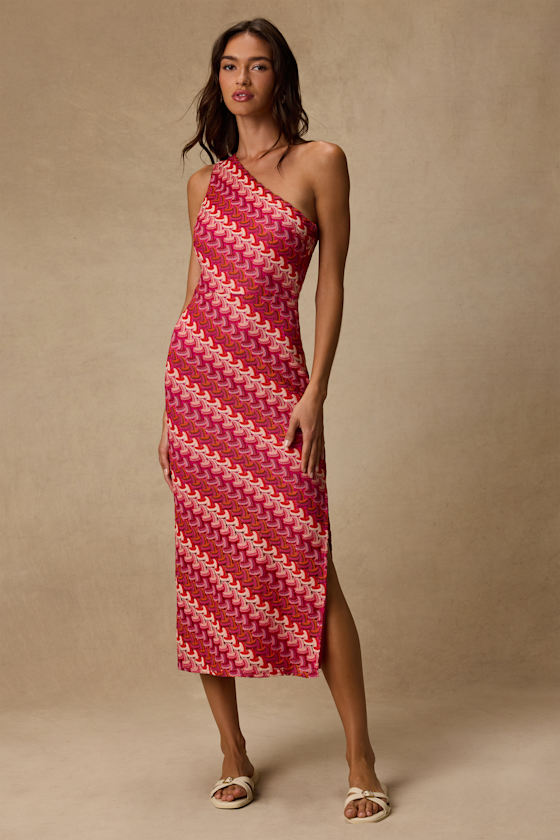 Reya Pink Multi Crochet Chevron One-Shoulder Midi Dress 1