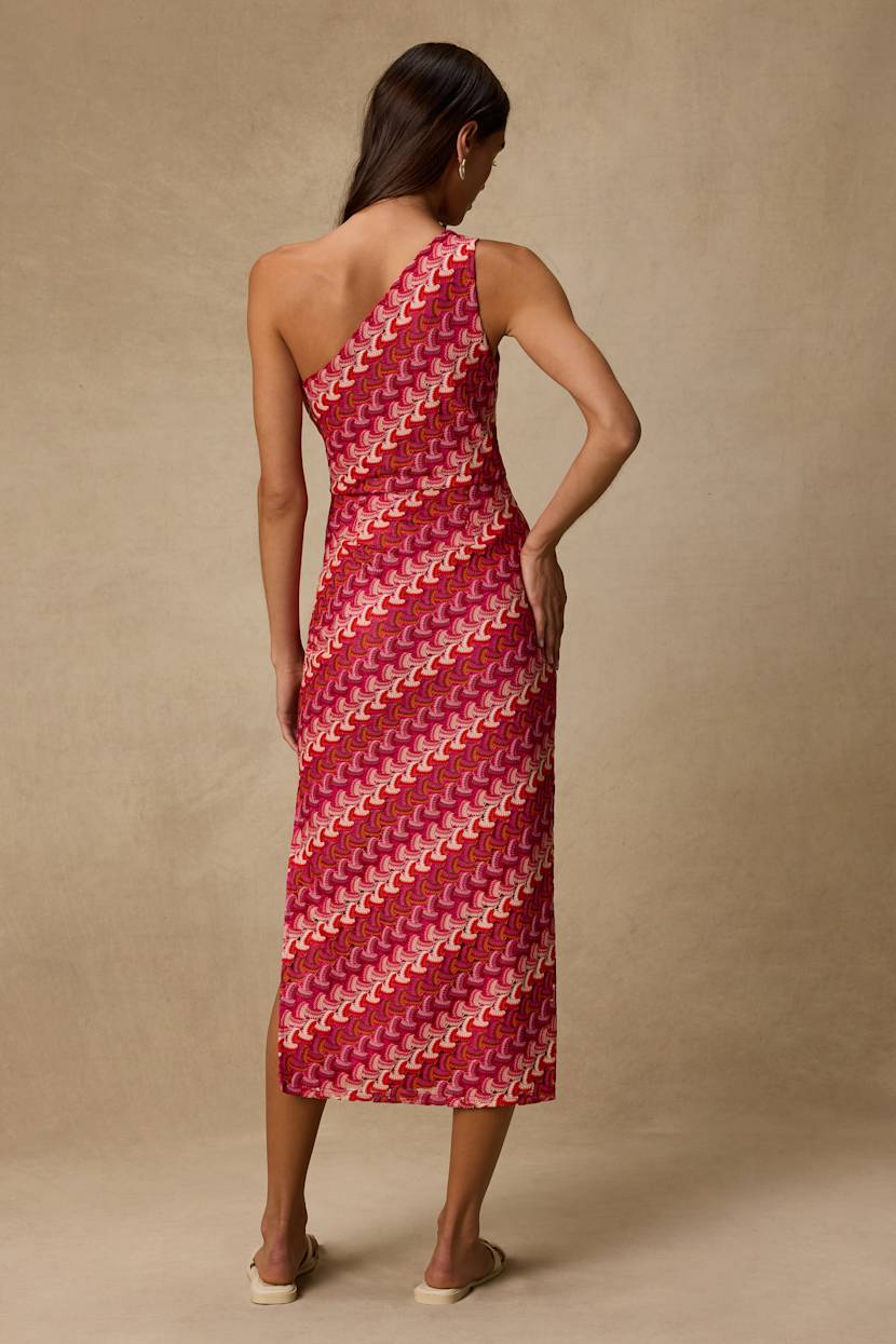 Lulus | Pink Multi Crochet Chevron One-Shoulder Midi Dress | Womens | X-Small (Available in S, M, L, XL)