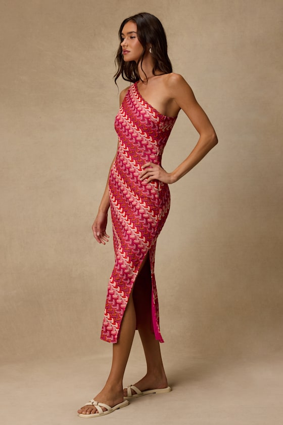 Augustine Pink Multi Crochet Chevron One-Shoulder Midi Dress - thumbnail 4