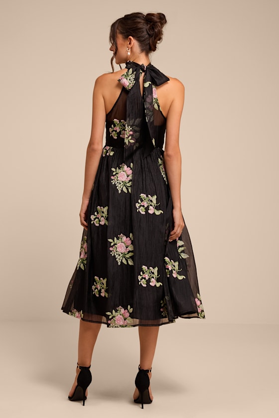 Kira Black Embroidered Halter Midi Dress - thumbnail 4