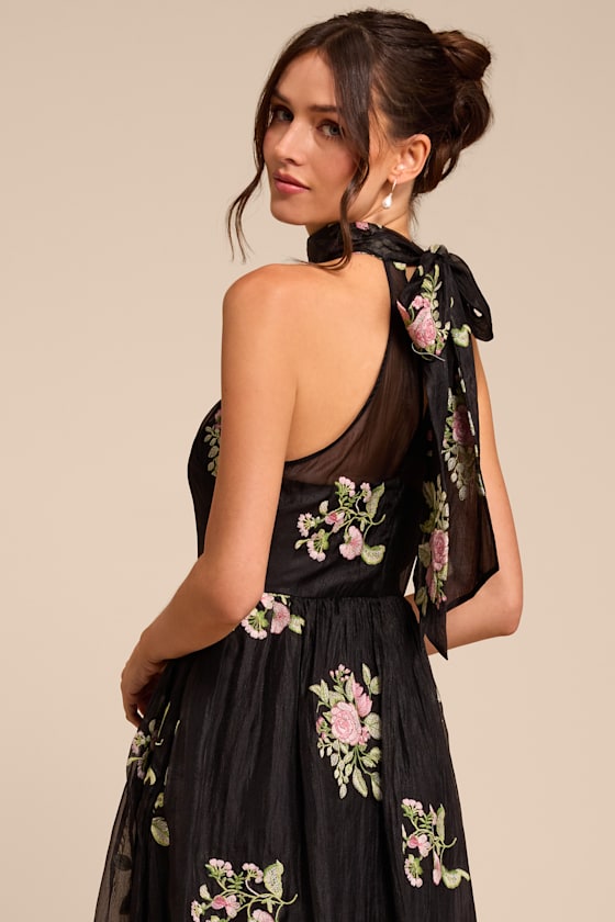 Kira Black Embroidered Halter Midi Dress - thumbnail 5