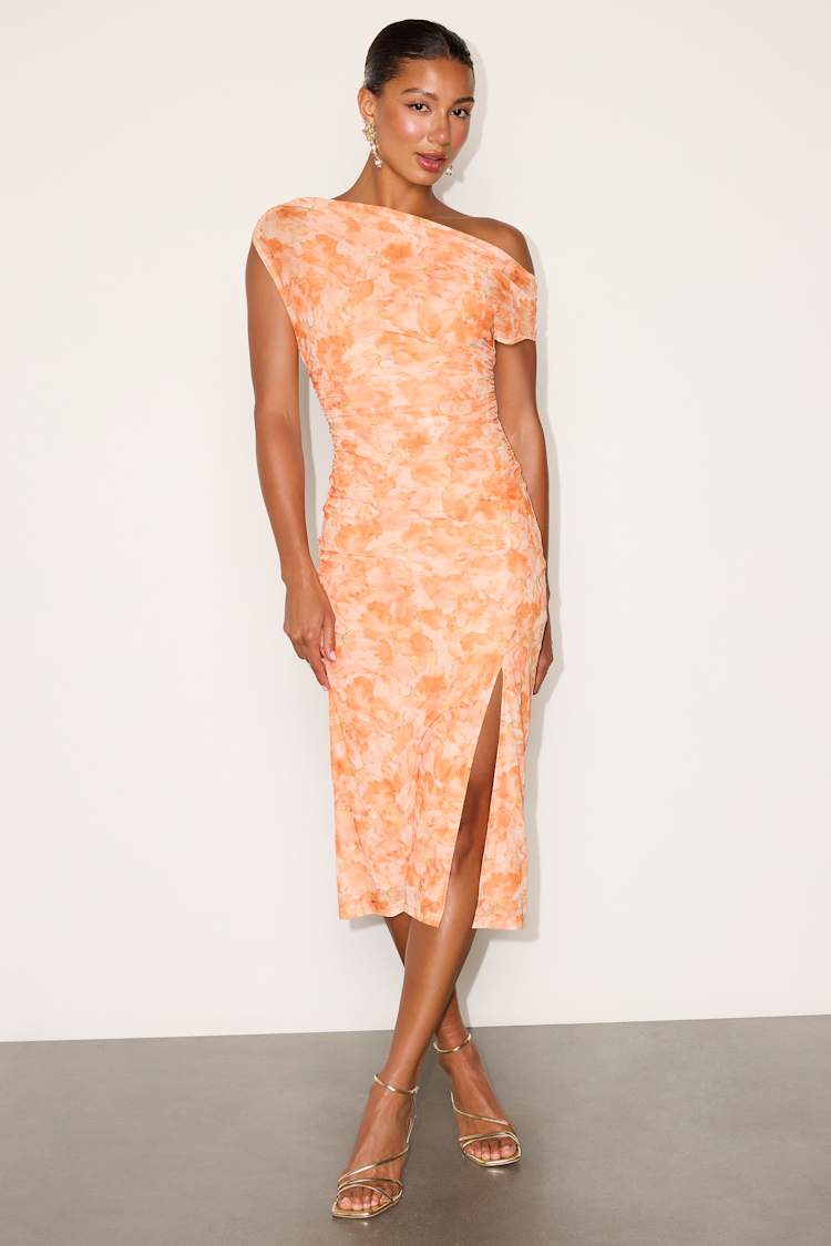 asymmetrical mesh dress Orange Floral Midi | Womens | X-Small (Available in S, M, L, XL) | 100% Polyester Stretch Factor