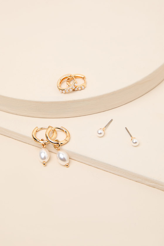 Fia Gold Pearl Three-Pair Earring Set - thumbnail 3