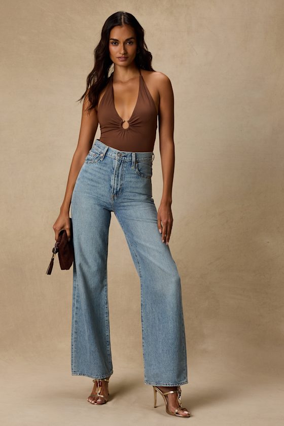 Nabella Brown Jersey Knit Lace-Up Bodysuit - thumbnail 3