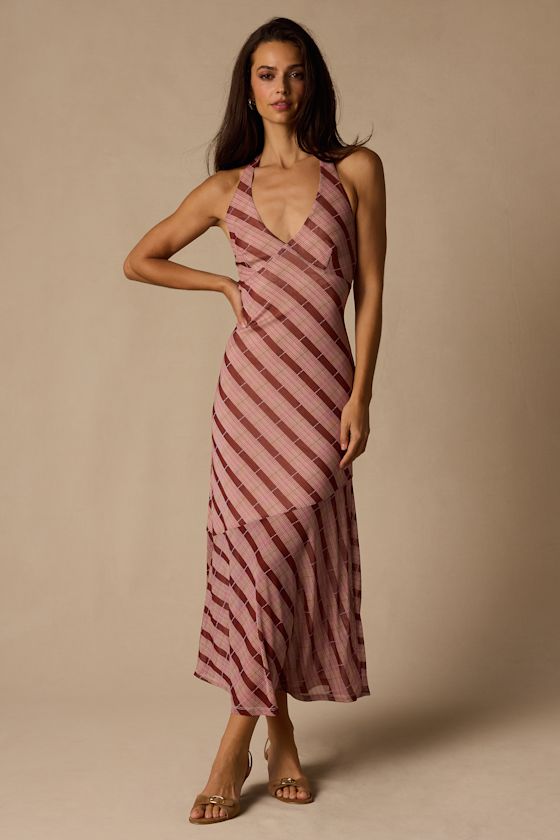 Rachel Mauve Multi Plaid Mesh Halter Midi Dress 1
