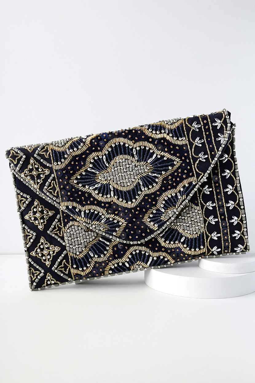 Etched in Stone Navy Blue Beaded Clutch
