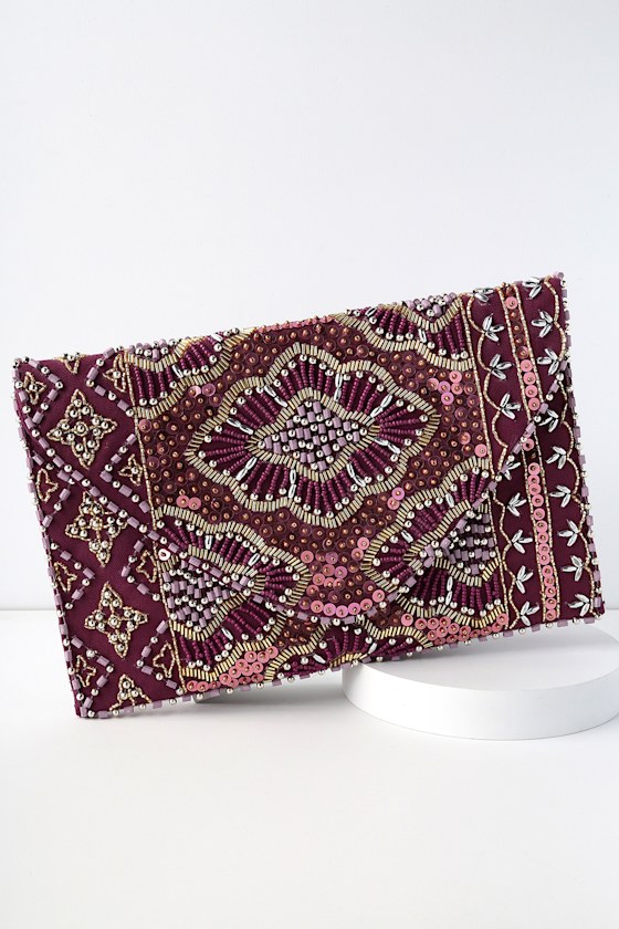 Etched in Stone Burgundy Beaded Clutch 1