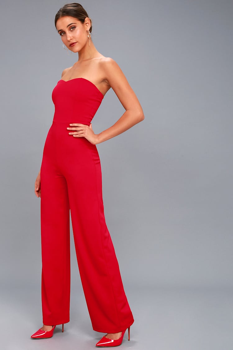 Chic Red Jumpsuit - Strapless Jumpsuit - Trendy Jumpsuit - Lulus