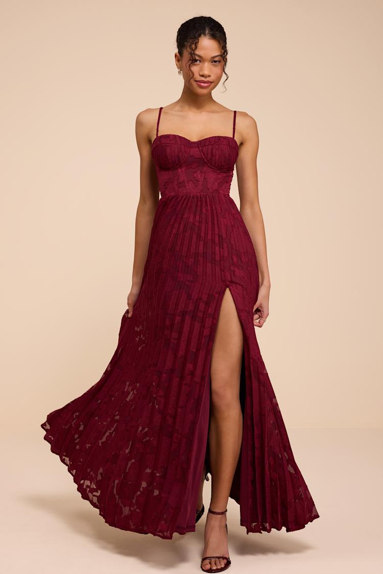 burgundy burnout dress Floral Pleated Bustier Maxi | Womens | X-Small (Available in XXS, S, M, L, XL) | 100% Polyester Waist Size:52″ Six Stories Bridesmaids one Hidden side zipper/clasp homecoming_color_orange