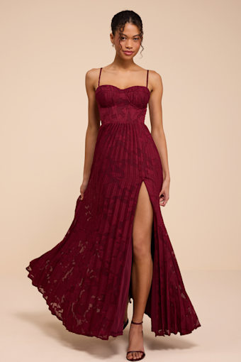 Dacie Burgundy Floral Burnout Pleated Bustier Maxi Dress 1