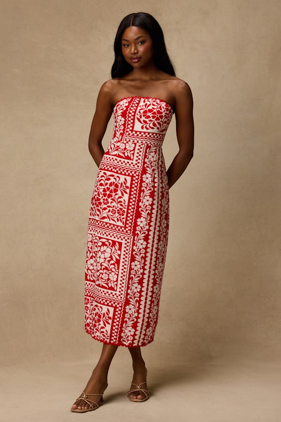 Image of Brigita Red Striped Strapless Column Midi Dress