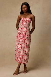 Brigita Red Striped Strapless Column Midi Dress 1