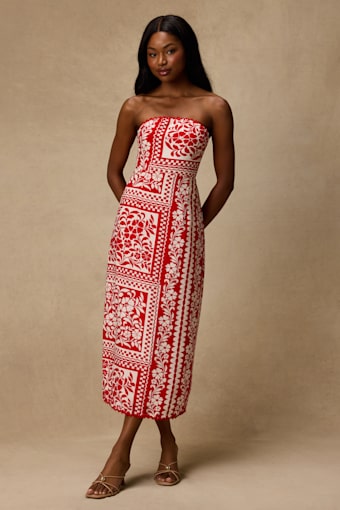 Brigita Red Striped Strapless Column Midi Dress 1