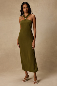 Calessia Olive Green Linen Halter Neck Midi Dress 1
