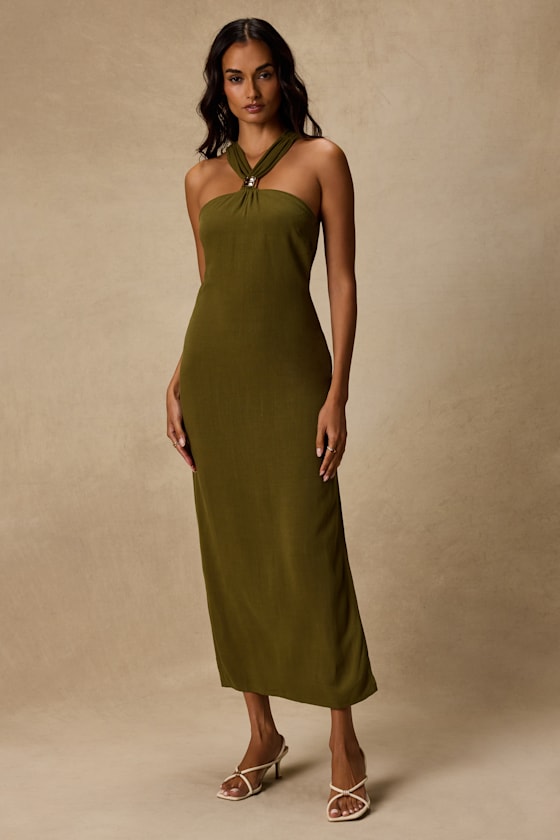 Calessia Olive Green Linen Halter Neck Midi Dress 1