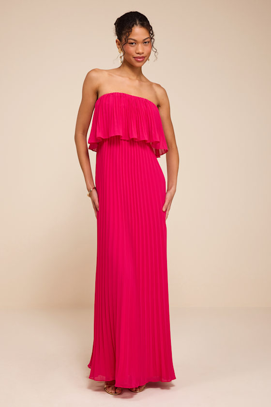 Arietta Hot Pink Pleated Strapless Maxi Dress 1