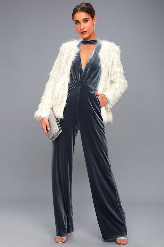 Bia Slate Blue Velvet Sleeveless Jumpsuit 1