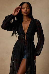 April Black Sheer Long Sleeve Tie-Front Duster Top 1