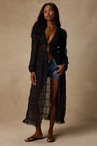 April Black Sheer Long Sleeve Tie-Front Duster Top 3