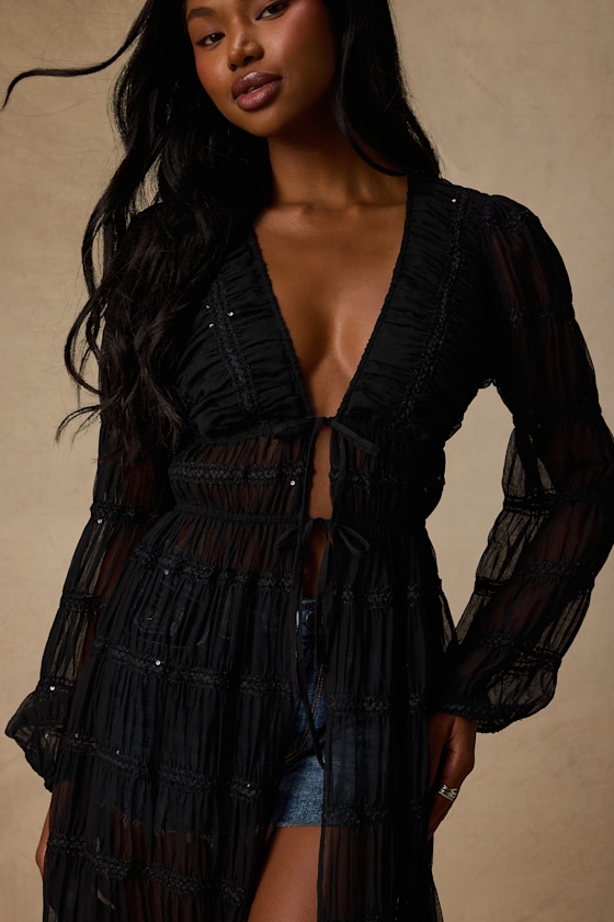 April Black Sheer Long Sleeve Tie-Front Duster Top 5