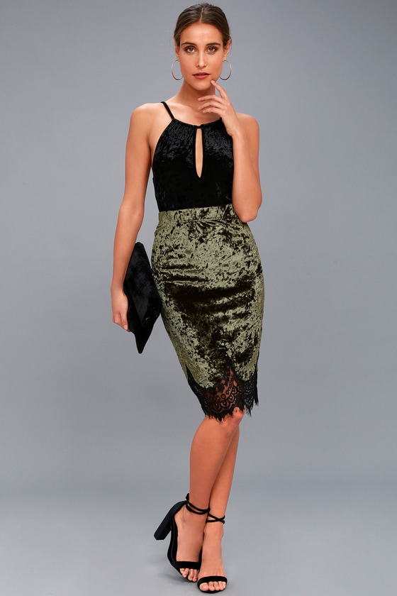 Luciano Olive Green Velvet Lace Hem Midi Skirt