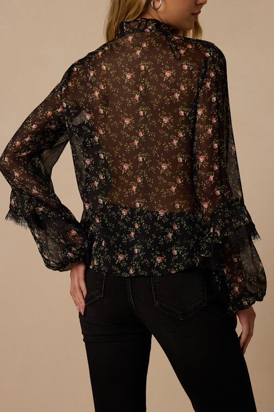 Jess Black Floral Ruffled Lace Long Sleeve Top - thumbnail 3